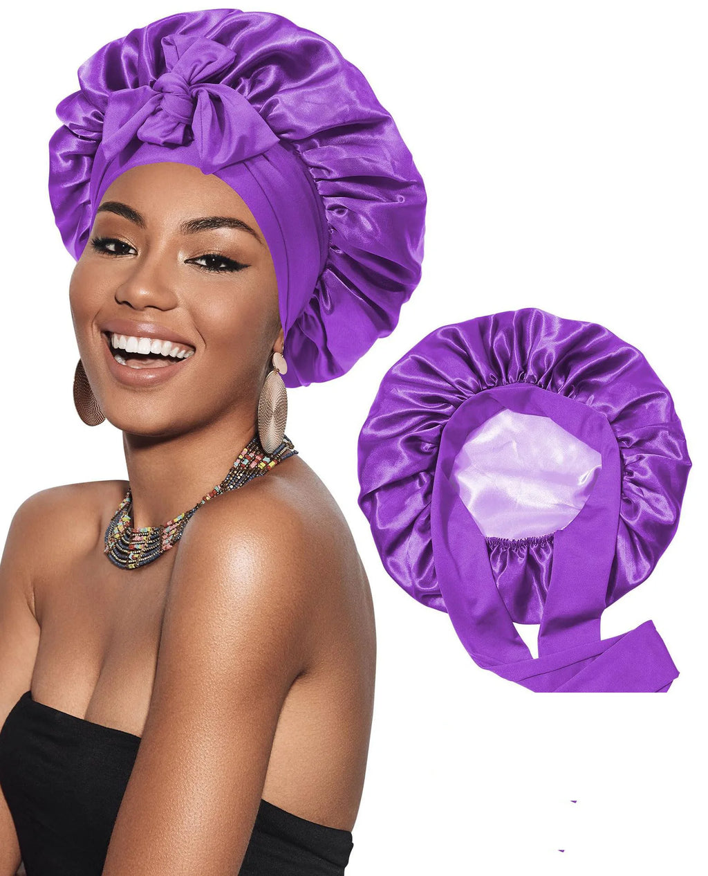 Double Layer Bonnet Solid Wide Tie Band Stretch Head Silky Bonnet