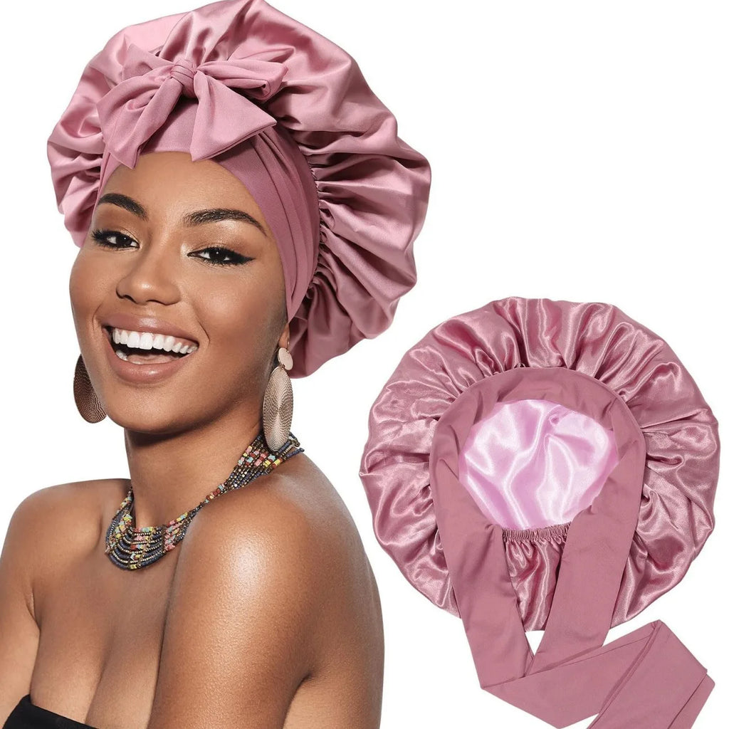 Double Layer Bonnet Solid Wide Tie Band Stretch Head Silky Bonnet