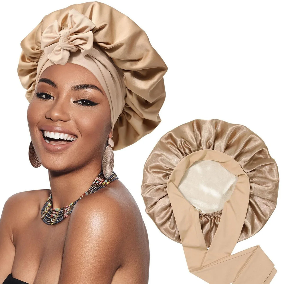 Double Layer Bonnet Solid Wide Tie Band Stretch Head Silky Bonnet