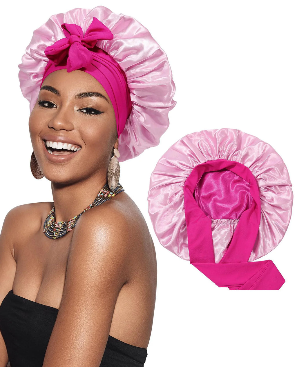 Double Layer Bonnet Solid Wide Tie Band Stretch Head Silky Bonnet