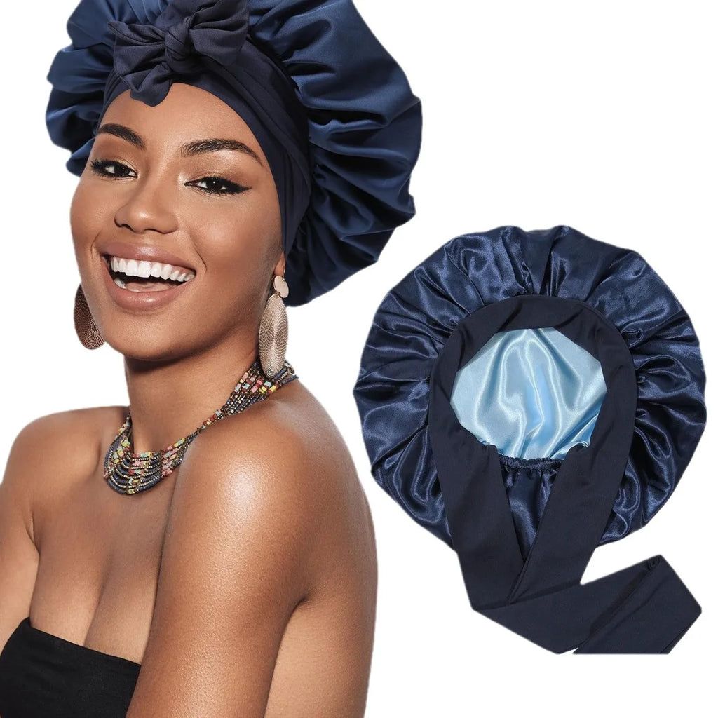 Double Layer Bonnet Solid Wide Tie Band Stretch Head Silky Bonnet
